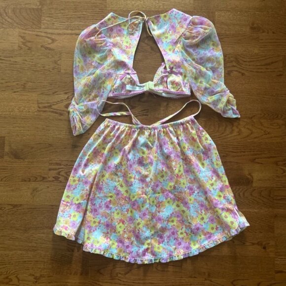 For Love & Lemons Pink Punch Skirt Set Crop Bra Top Puff Floral XXS Pastel sheer - Picture 7 of 7